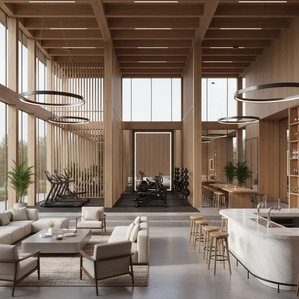 Clubhouse interior with gym equipment, bar stools, lounge chairs, wooden beams, and round ceiling lights