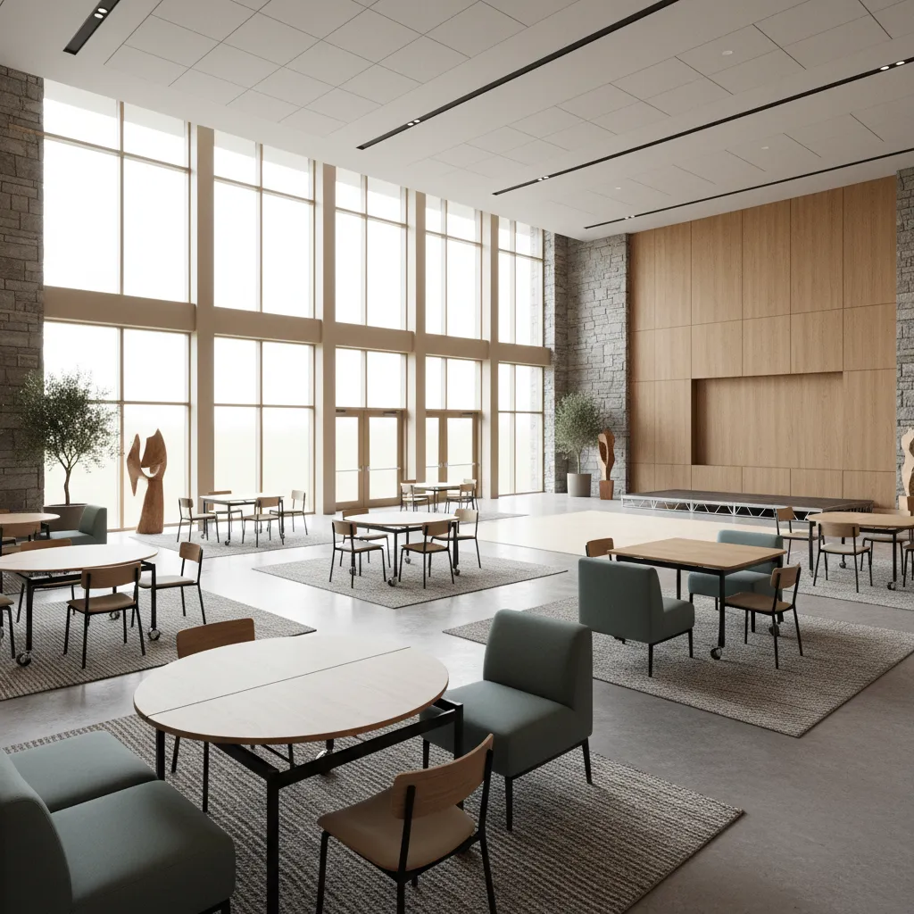 Large multipurpose hall with wooden tables, blue chairs, stone walls, big windows, and wall panels