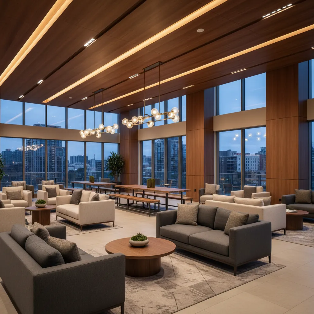 Modern clubhouse lounge with grey sofas wooden ceiling light fixtures large windows and city views