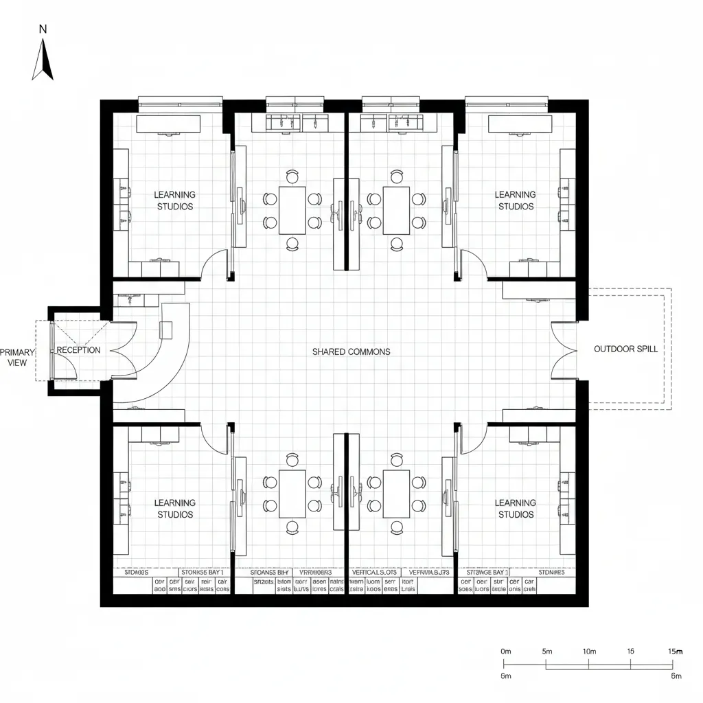 Top-down CAD plan of four classrooms clustered around a central commons