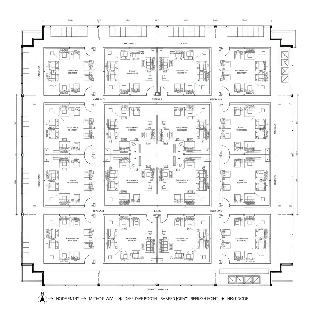Top-down CAD floor plan of a grid-based expo with nodes, micro-plazas, and service bays.