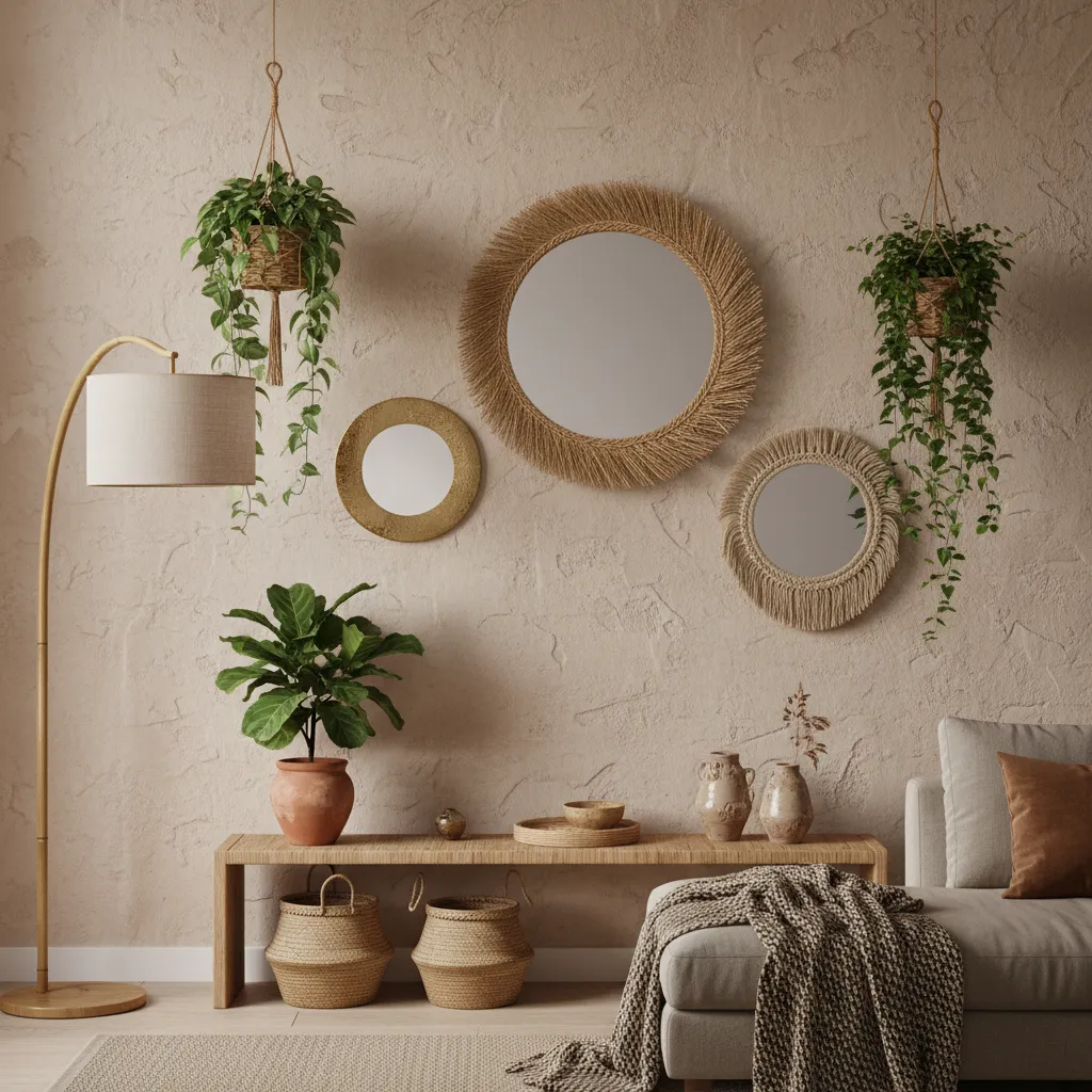 asymmetrical cluster arrangement of three round mirrors on a decorative wall