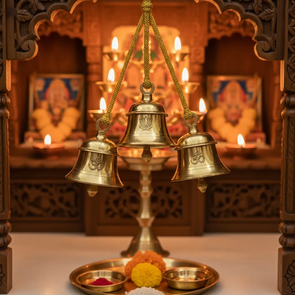 Three small brass bells hanging together in pooja mandir