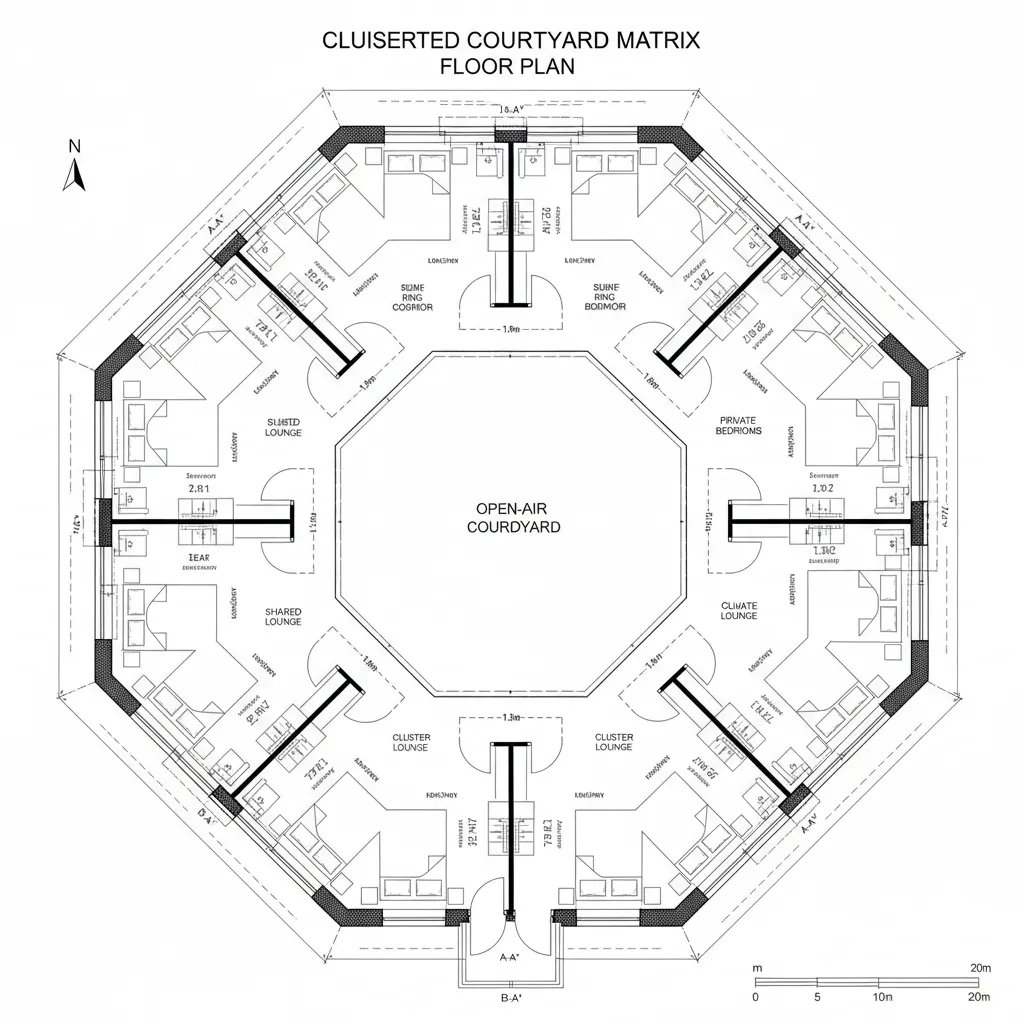 Top-down CAD plan of four bedroom clusters around a central courtyard with ring corridors