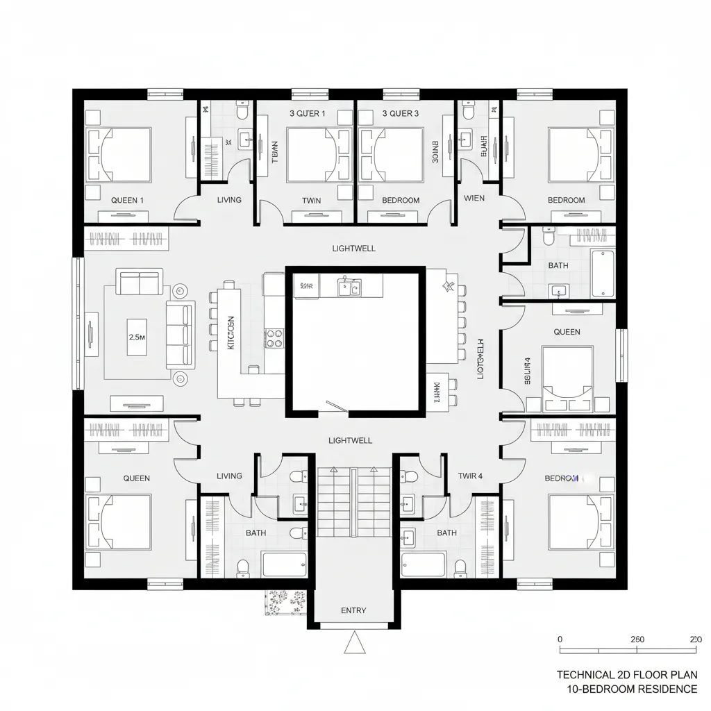 House floor plan drawing showing many bedrooms and bathrooms arranged around a central square lightwell area