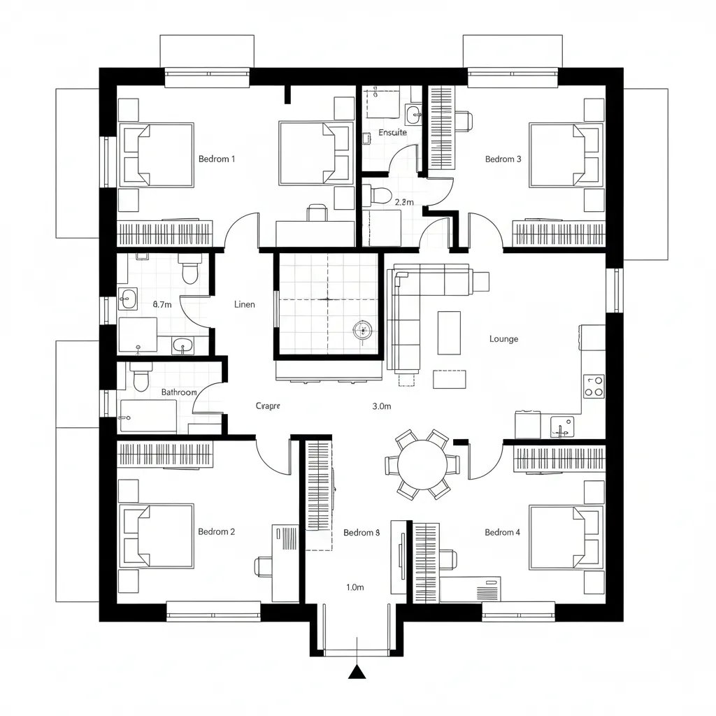 Top-down CAD plan with four bedrooms around a lounge and micro-courtyard spine