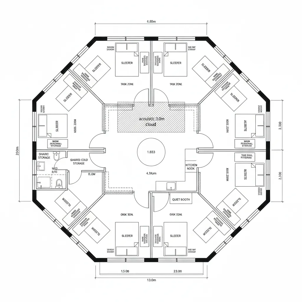 Top-down CAD plan of pod pairs clustered around an acoustic atrium with communal table