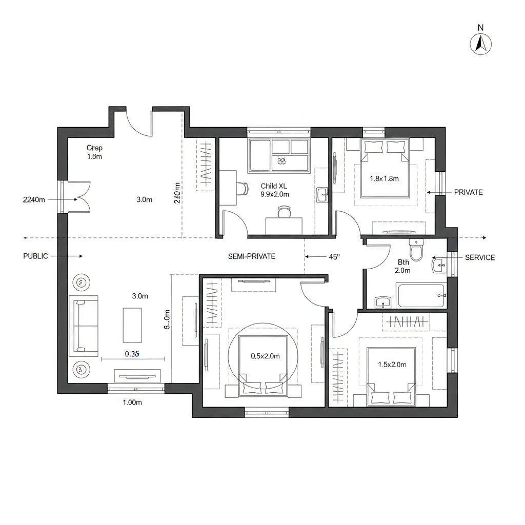 Top-down CAD plan showing a kinked corridor spine with child room, primary room, and bath