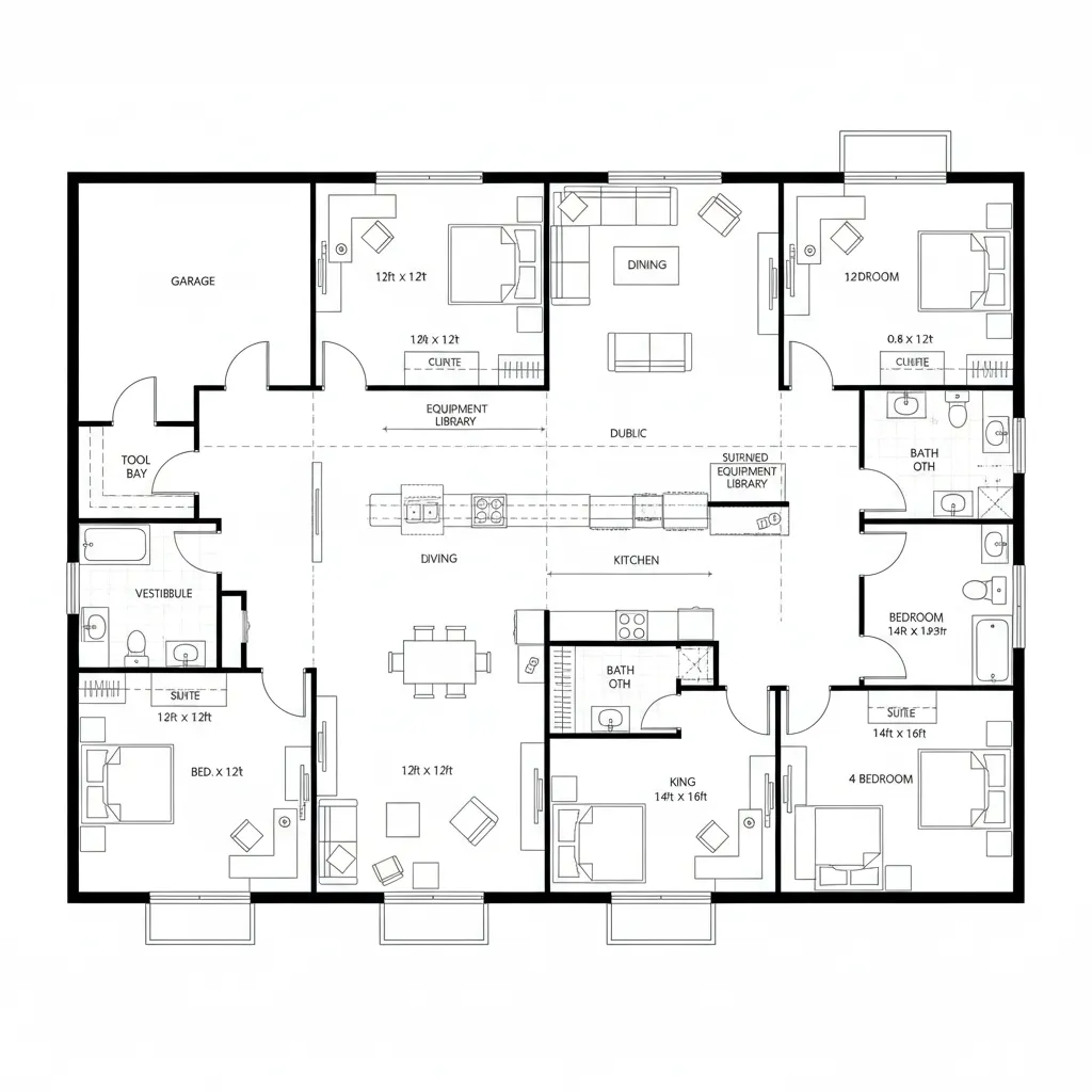 Large floor plan showing garage multiple bedrooms kitchen dining area bathrooms and an equipment library layout