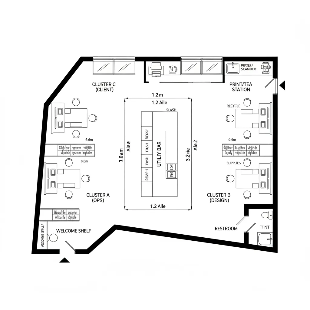 Top-down CAD plan of three micro-clusters linked by a utility bar
