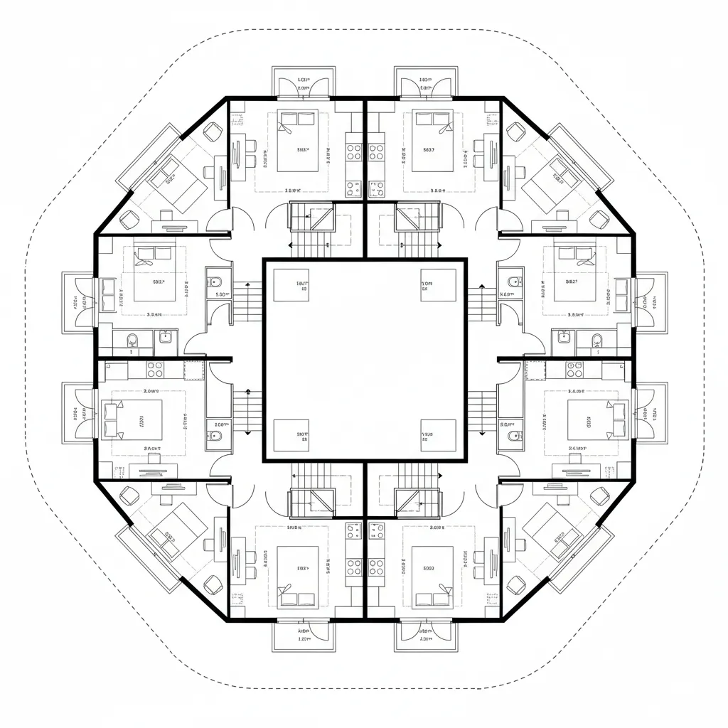 Top-down CAD plan of clustered walk-up blocks around pocket courts with clear circulation