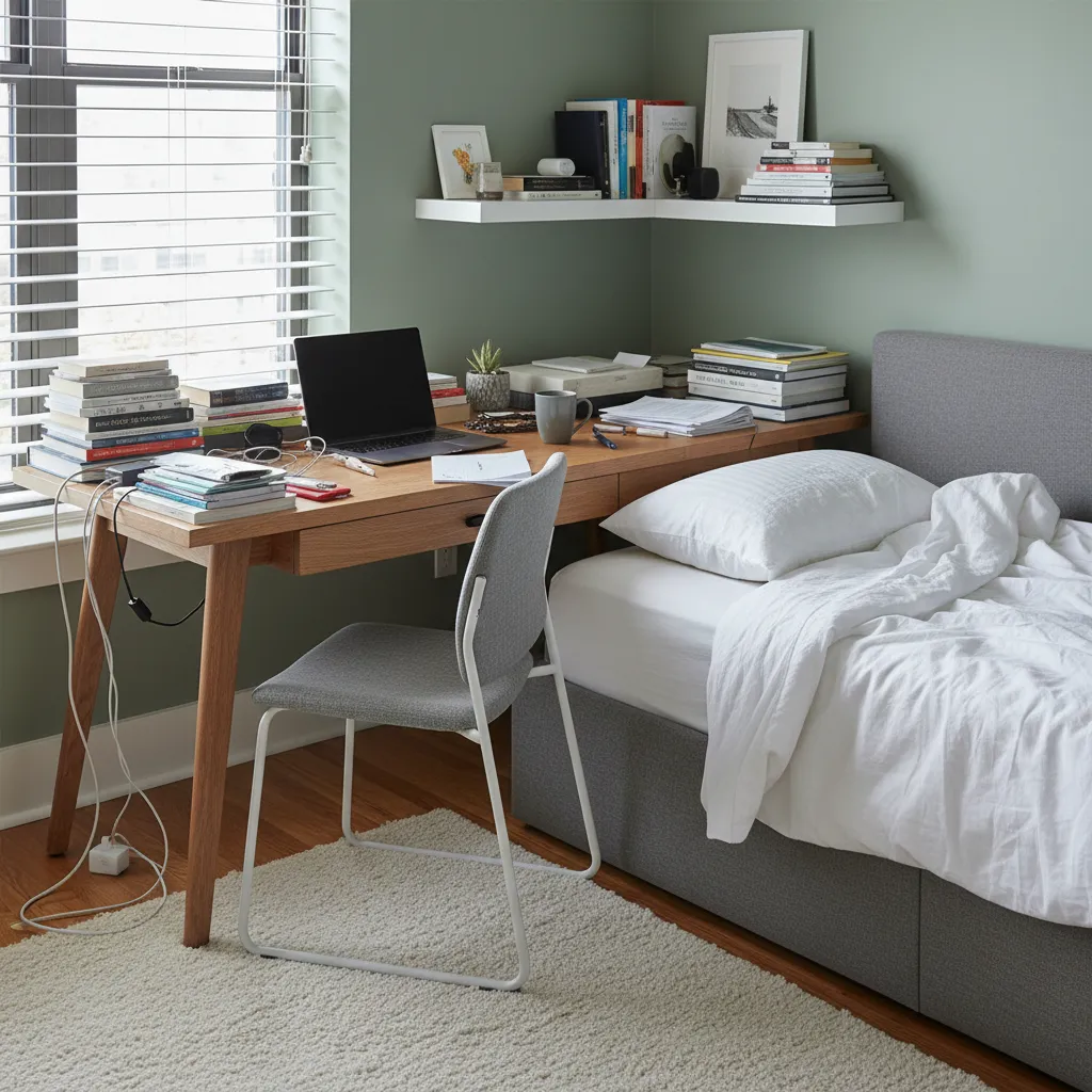 Bedroom desk area overloaded with items creating clutter and visual stress