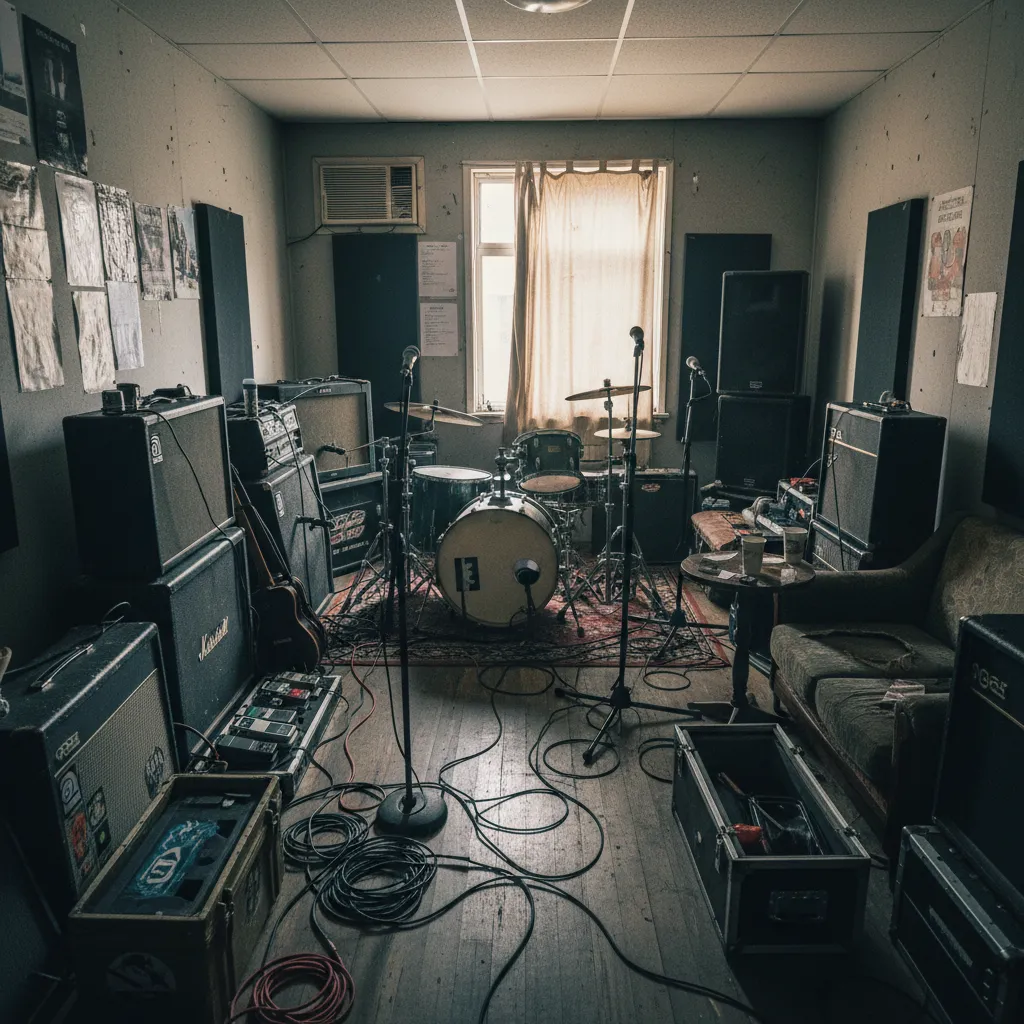 cluttered rehearsal room with cables gear cases and amplifiers blocking movement