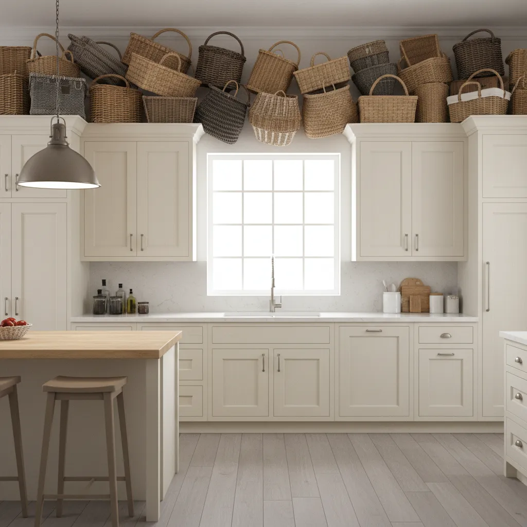 Too many mismatched baskets above cabinets creating clutter