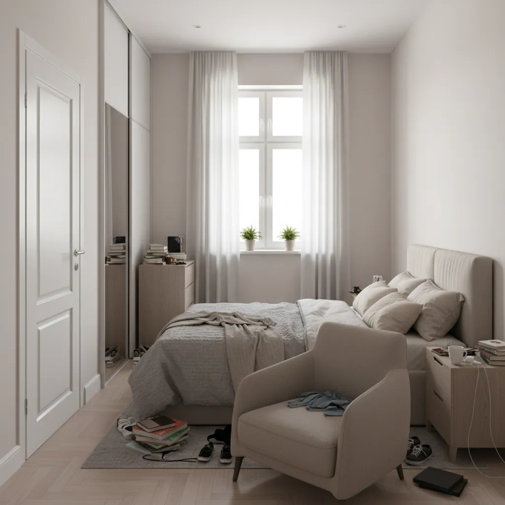 Small bedroom with clutter and poorly arranged furniture blocking walking space