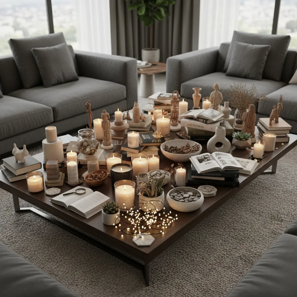 Cluttered coffee table with too many decorative items including statues