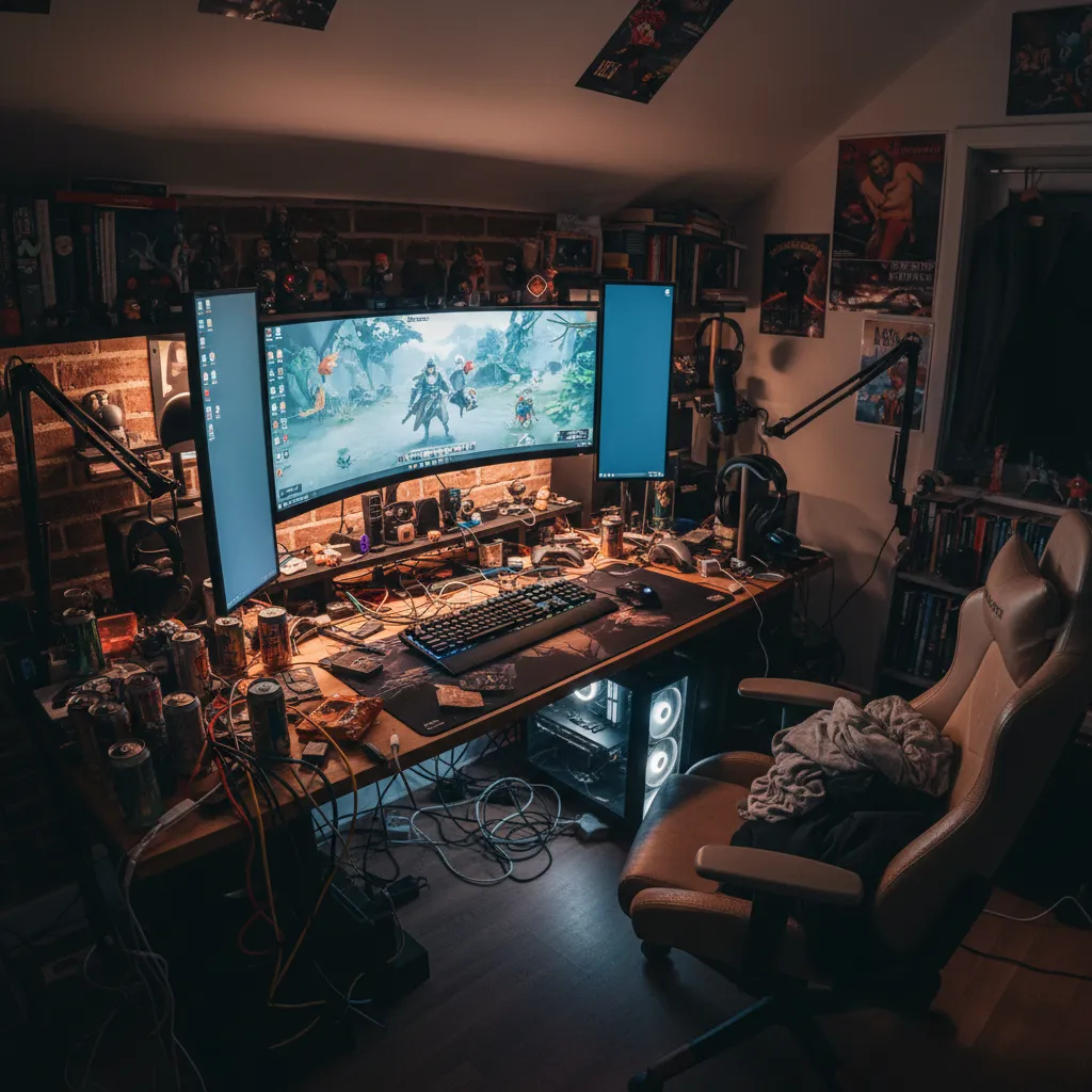 Messy gaming room with cluttered desk many cables triple monitors gaming chair and wall posters