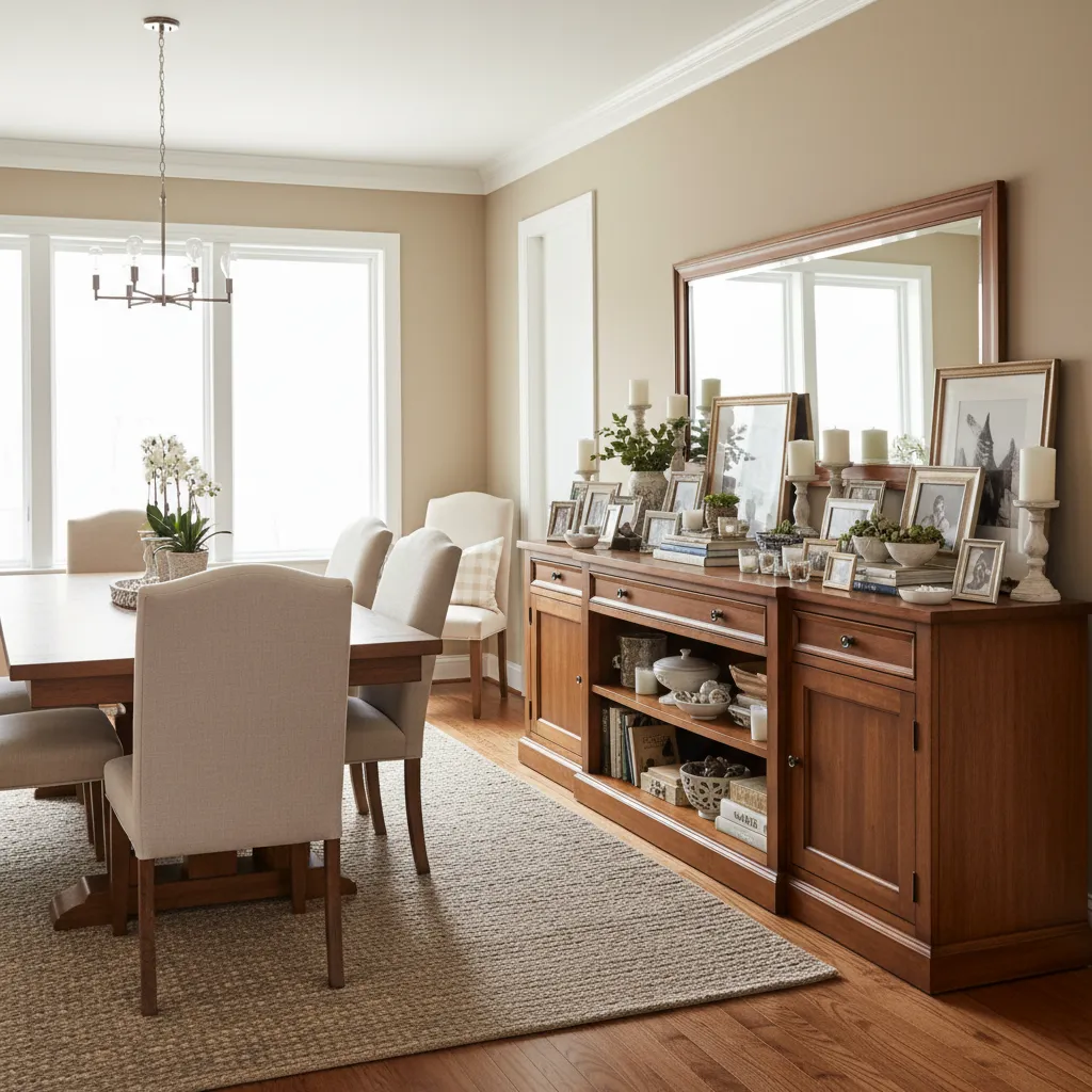 Cluttered dining room sideboard filled with many small decor objects