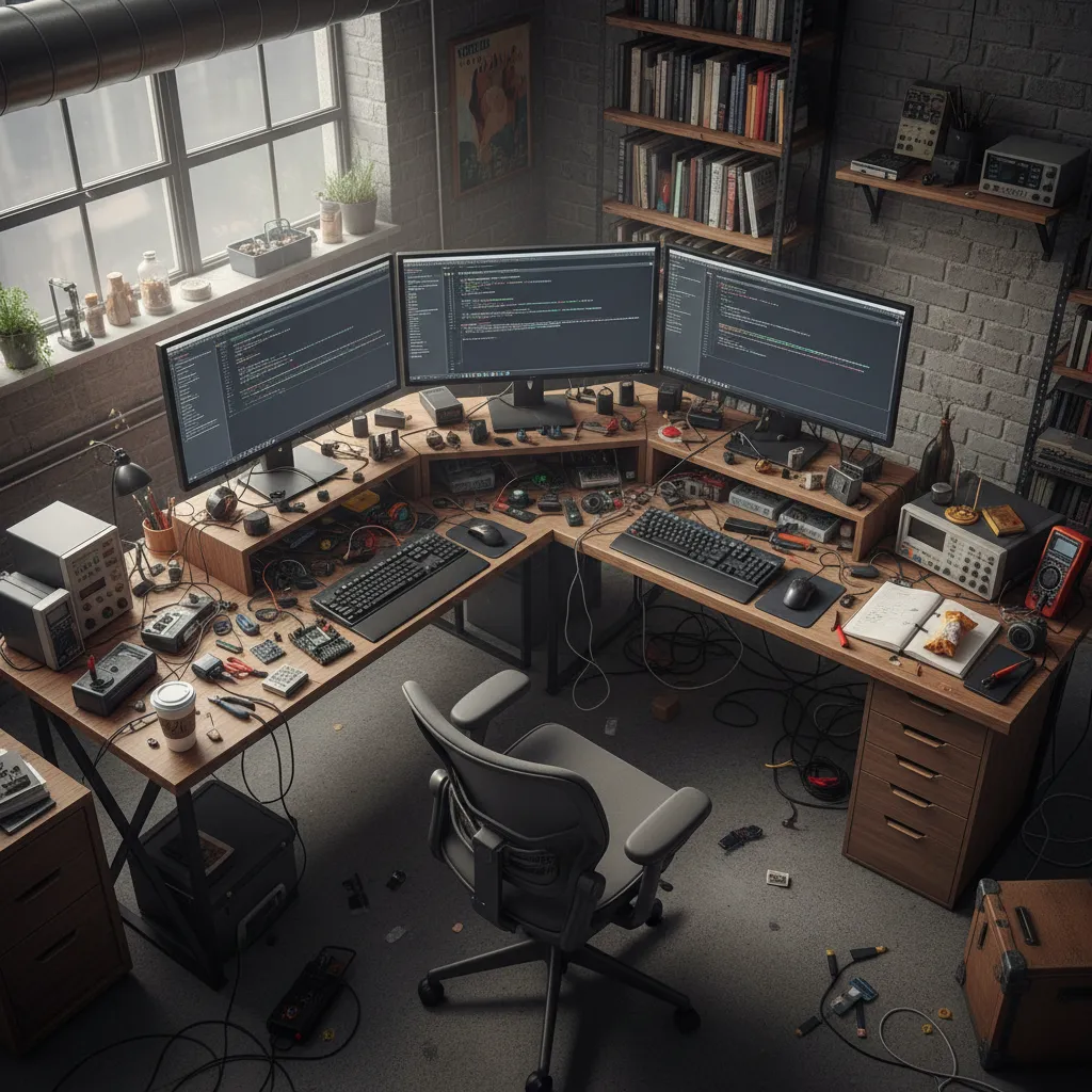 cluttered engineer desk with multiple gadgets cables and monitors
