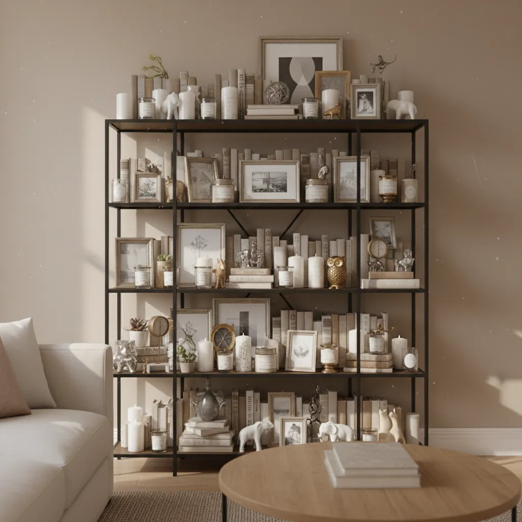 Example of cluttered etagere shelves with too many small decor objects
