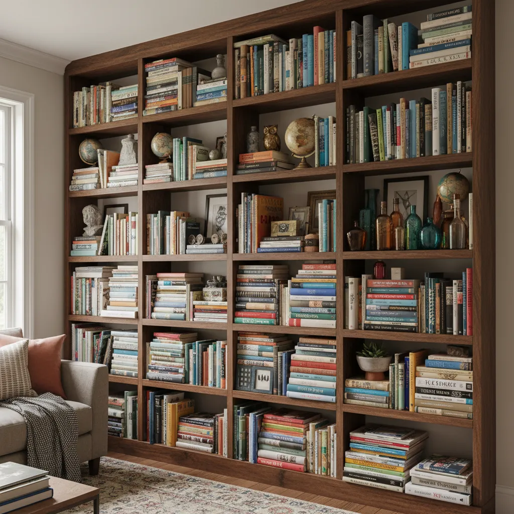 overcrowded decorative bookshelf with too many decor objects and books