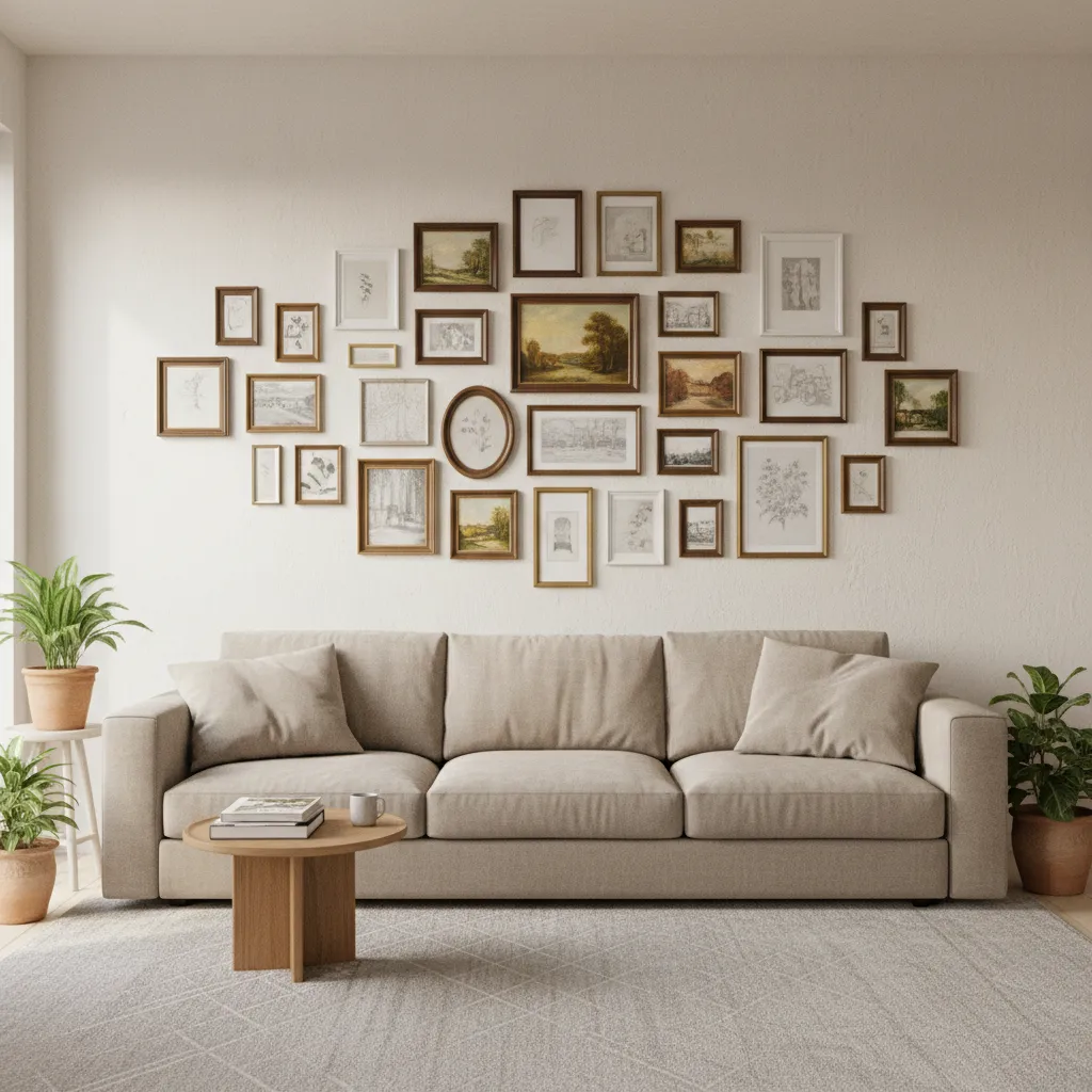 overcrowded gallery wall with many small frames causing clutter