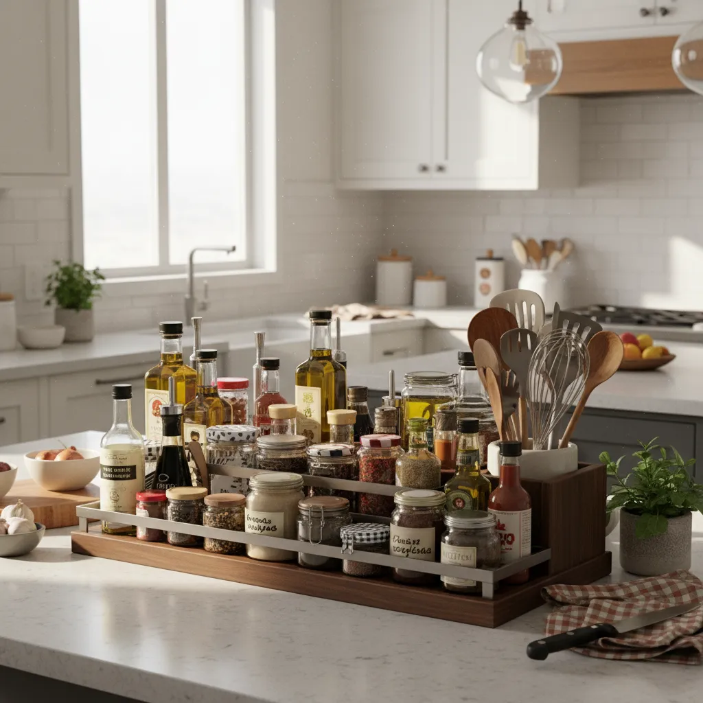 overcrowded kitchen countertop organizer with too many spice jars and bottles