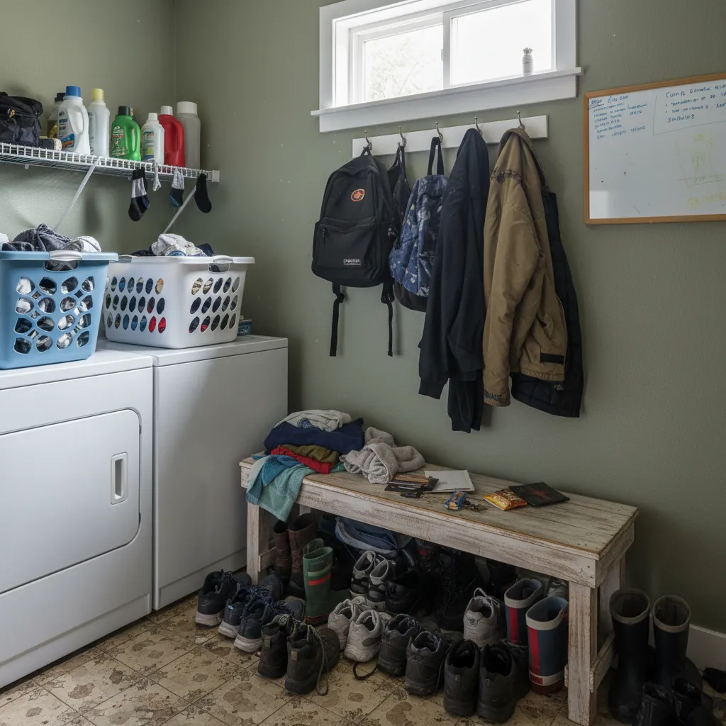 small laundry mudroom cluttered with shoes bags and laundry baskets