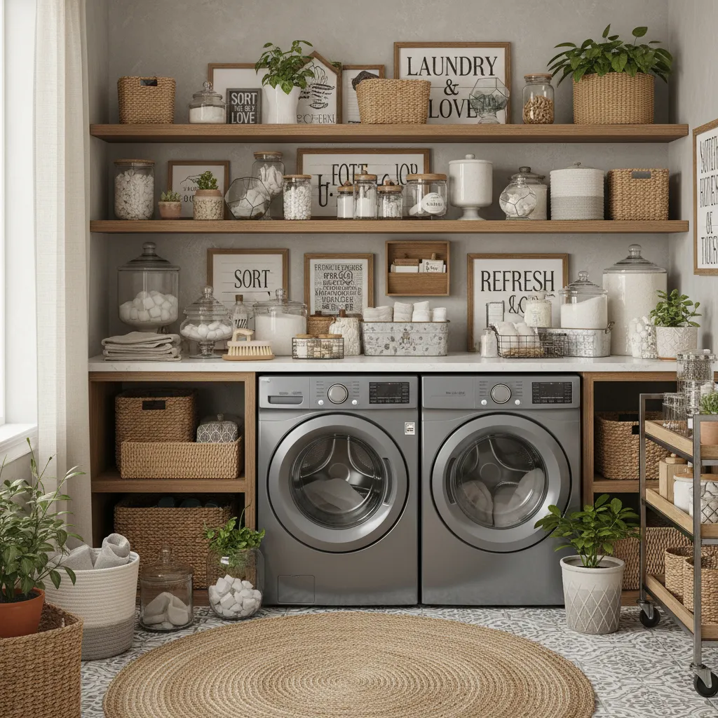 Overdecorated laundry room shelves around grey appliances creating visual clutter