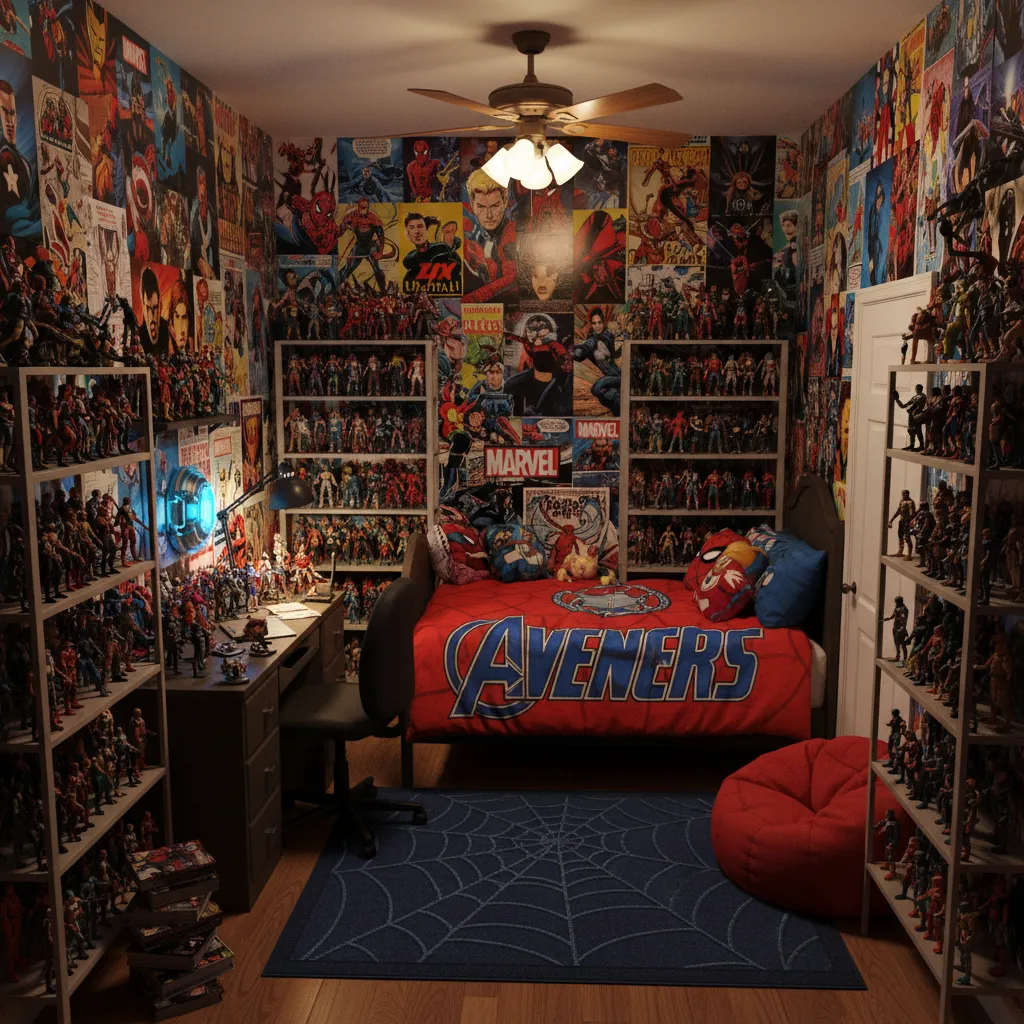 cluttered Marvel themed bedroom with too many posters and collectibles