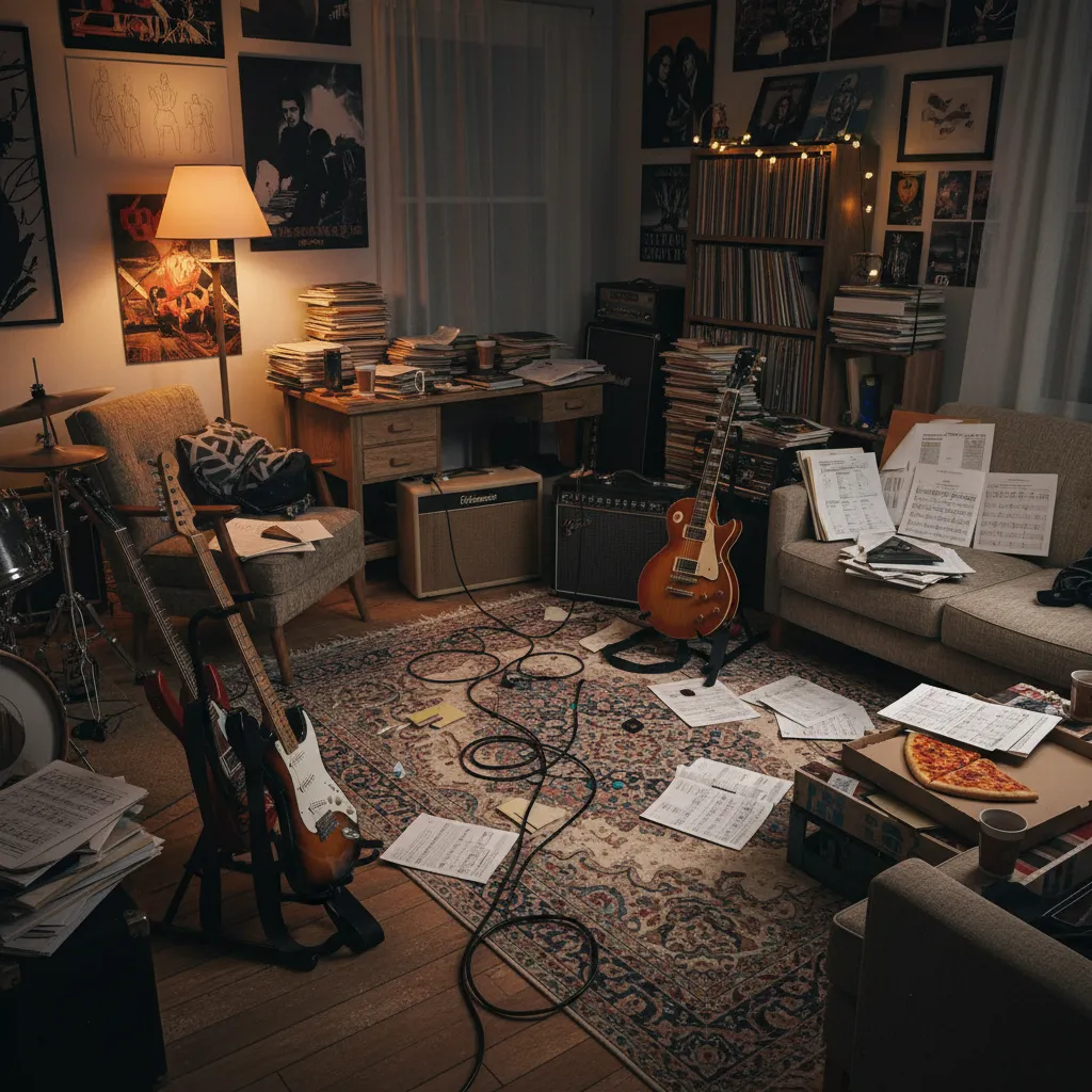 Cluttered home music room with instruments and equipment scattered