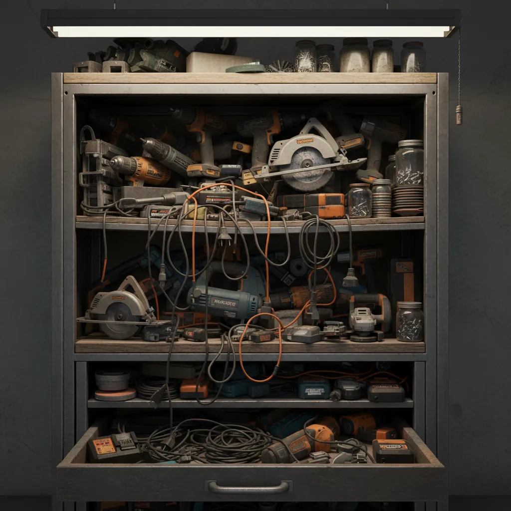 overcrowded power tool cabinet with poorly organized drills saws and tangled chargers