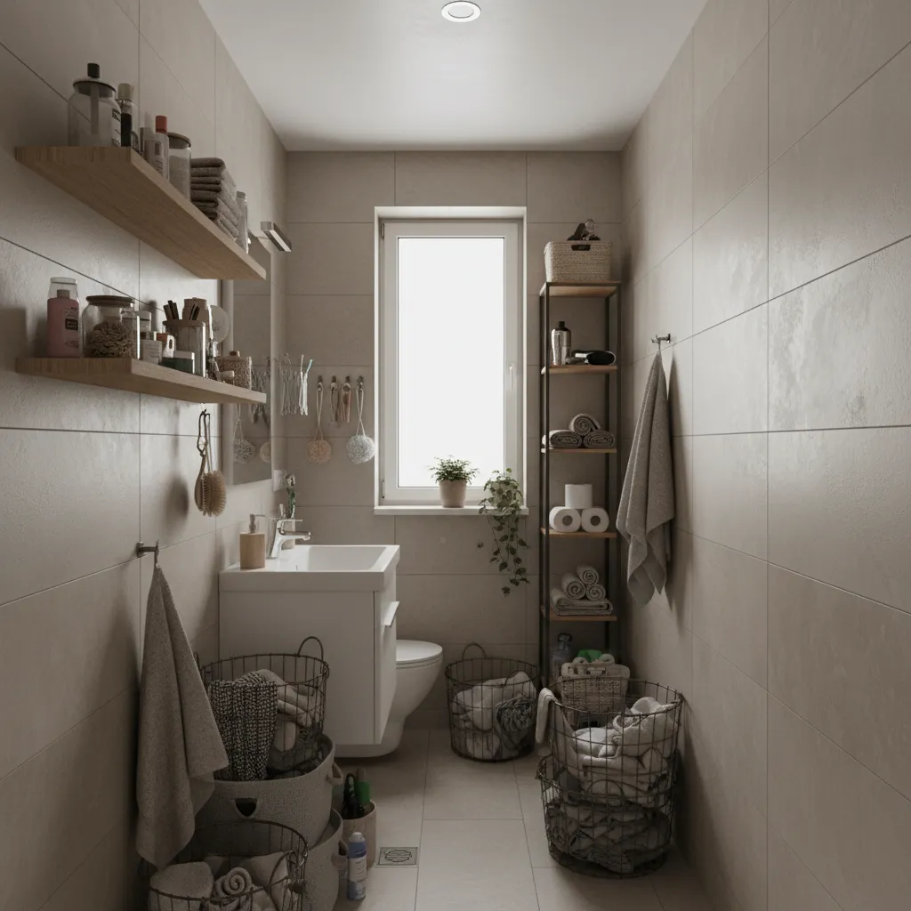 small bathroom with cluttered floor storage and overcrowded shelves