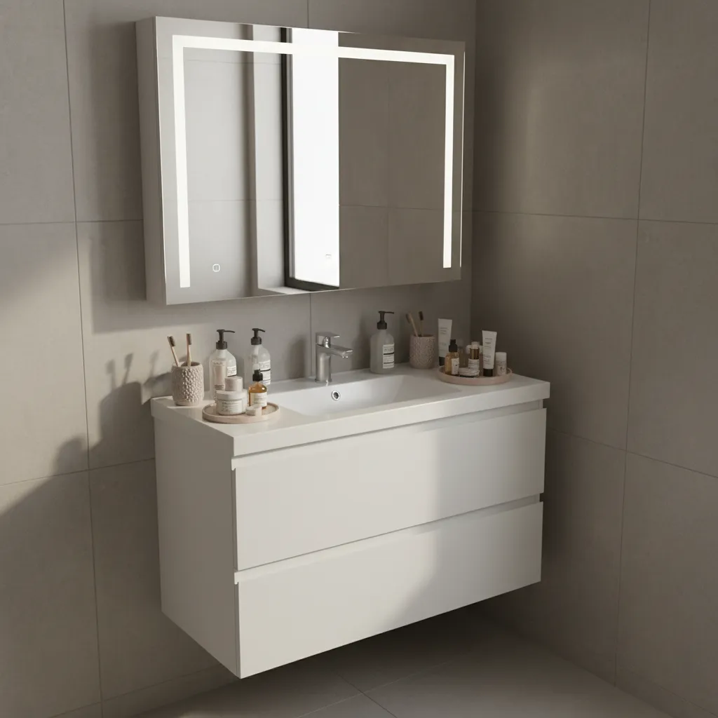 Small bathroom vanity crowded with multiple accessories creating clutter