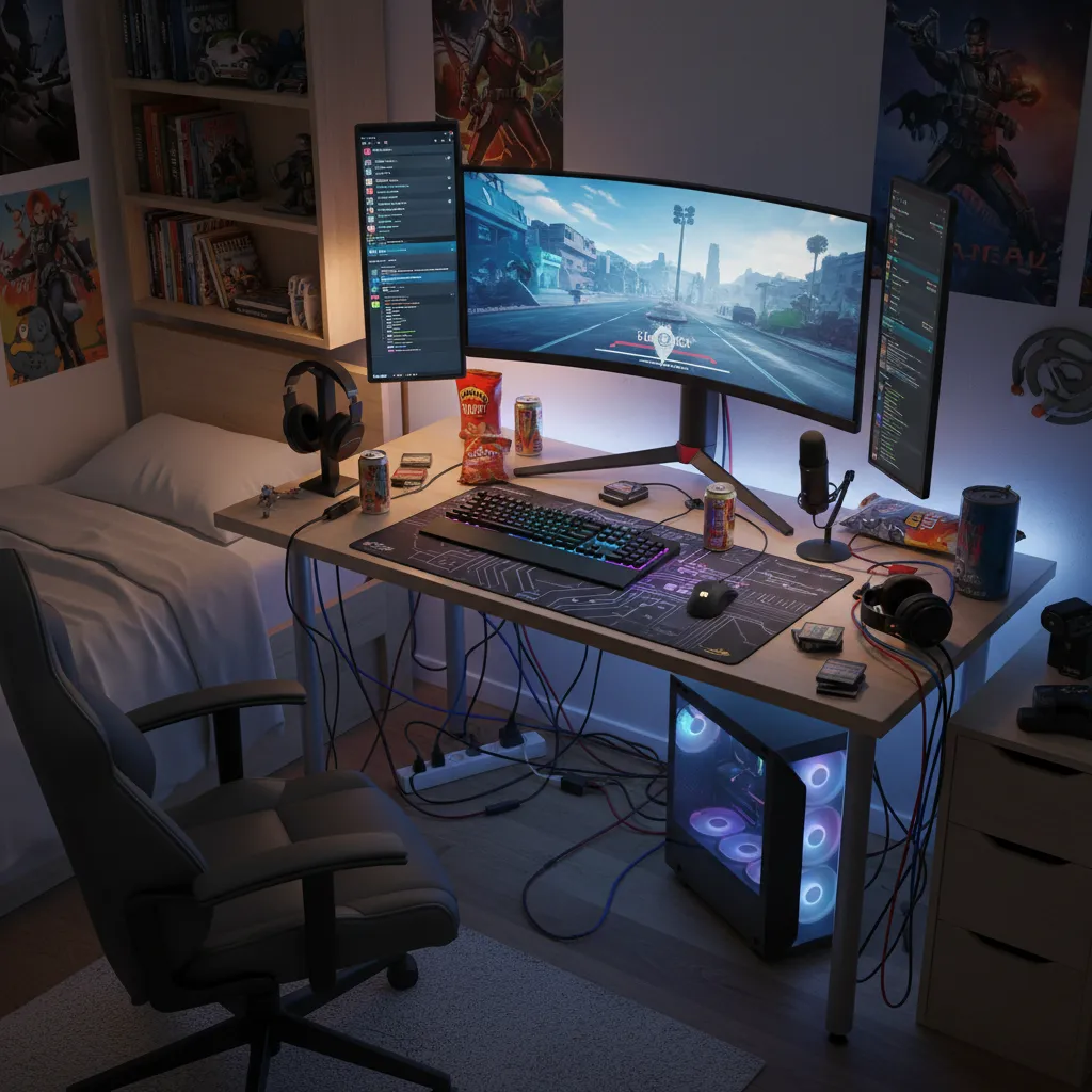 cluttered small gaming desk with multiple devices and cables