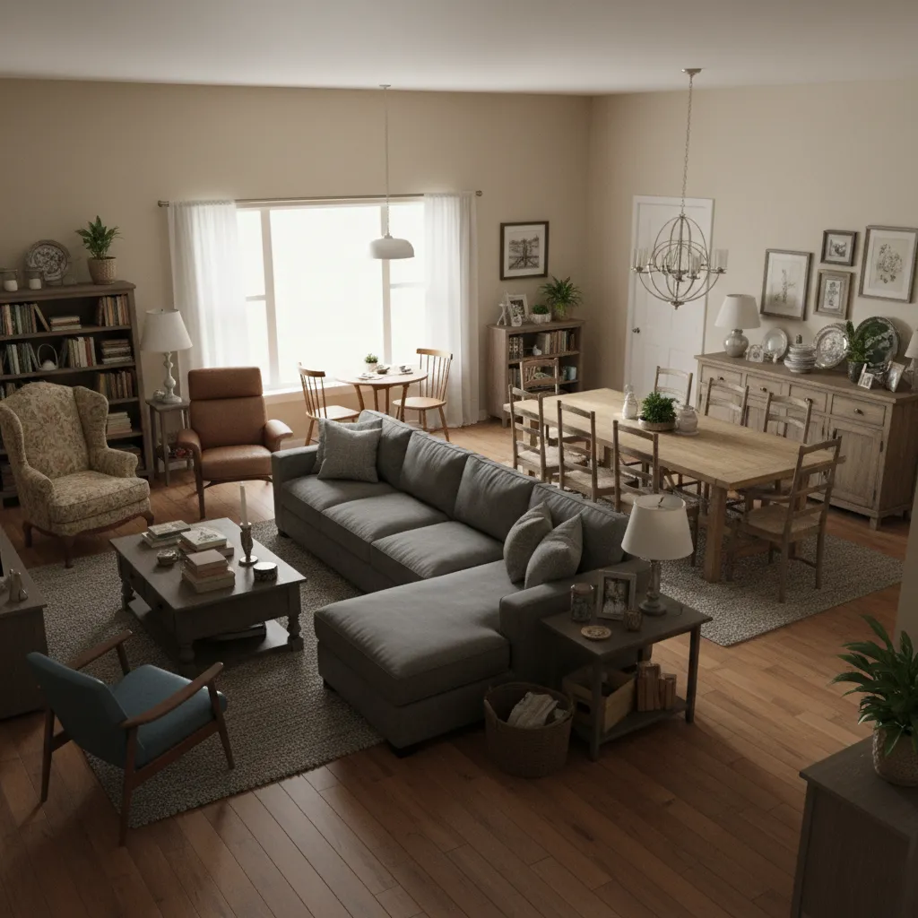 Cluttered small open concept ranch living dining area with too much furniture