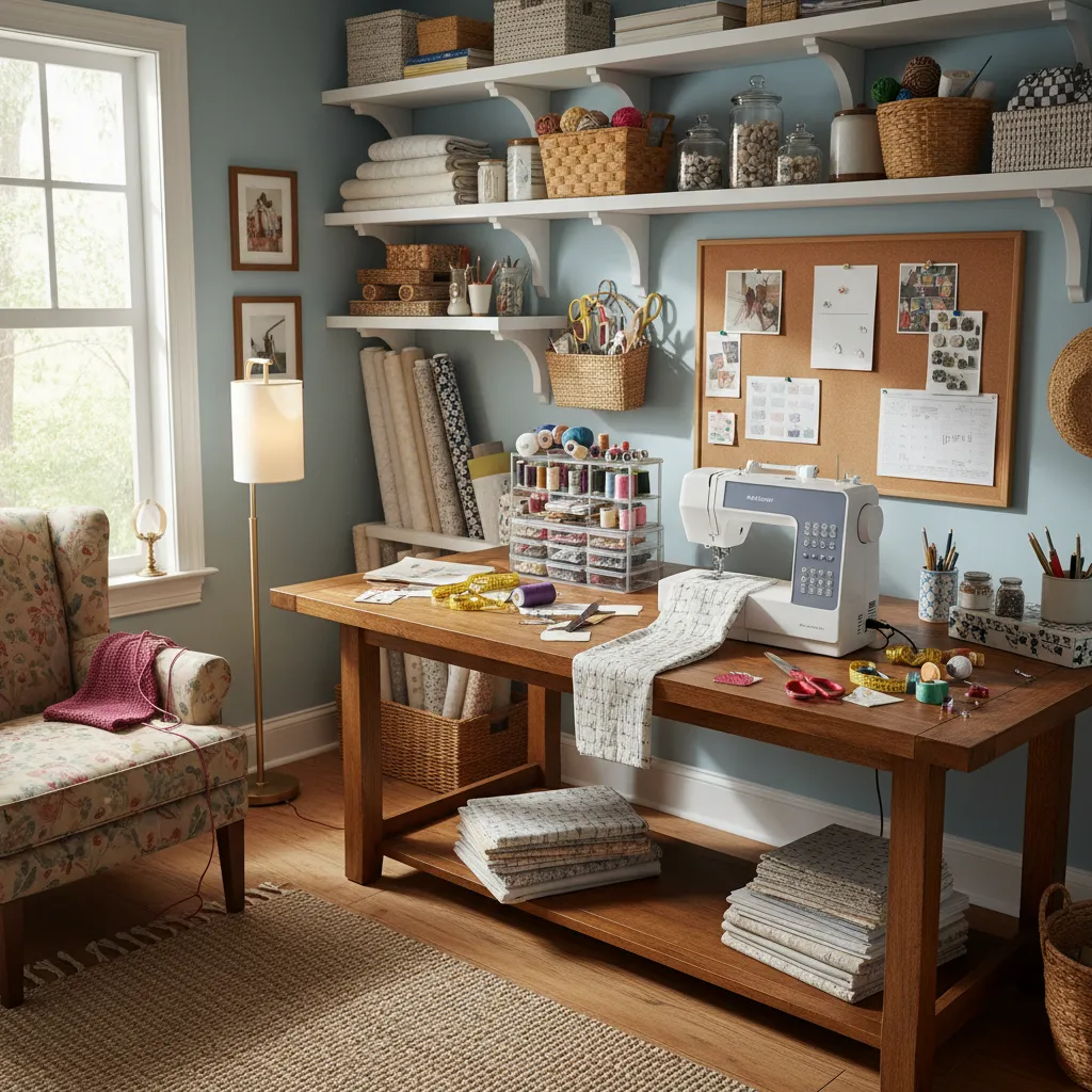 cluttered small sewing room with crowded sewing table and fabric piles
