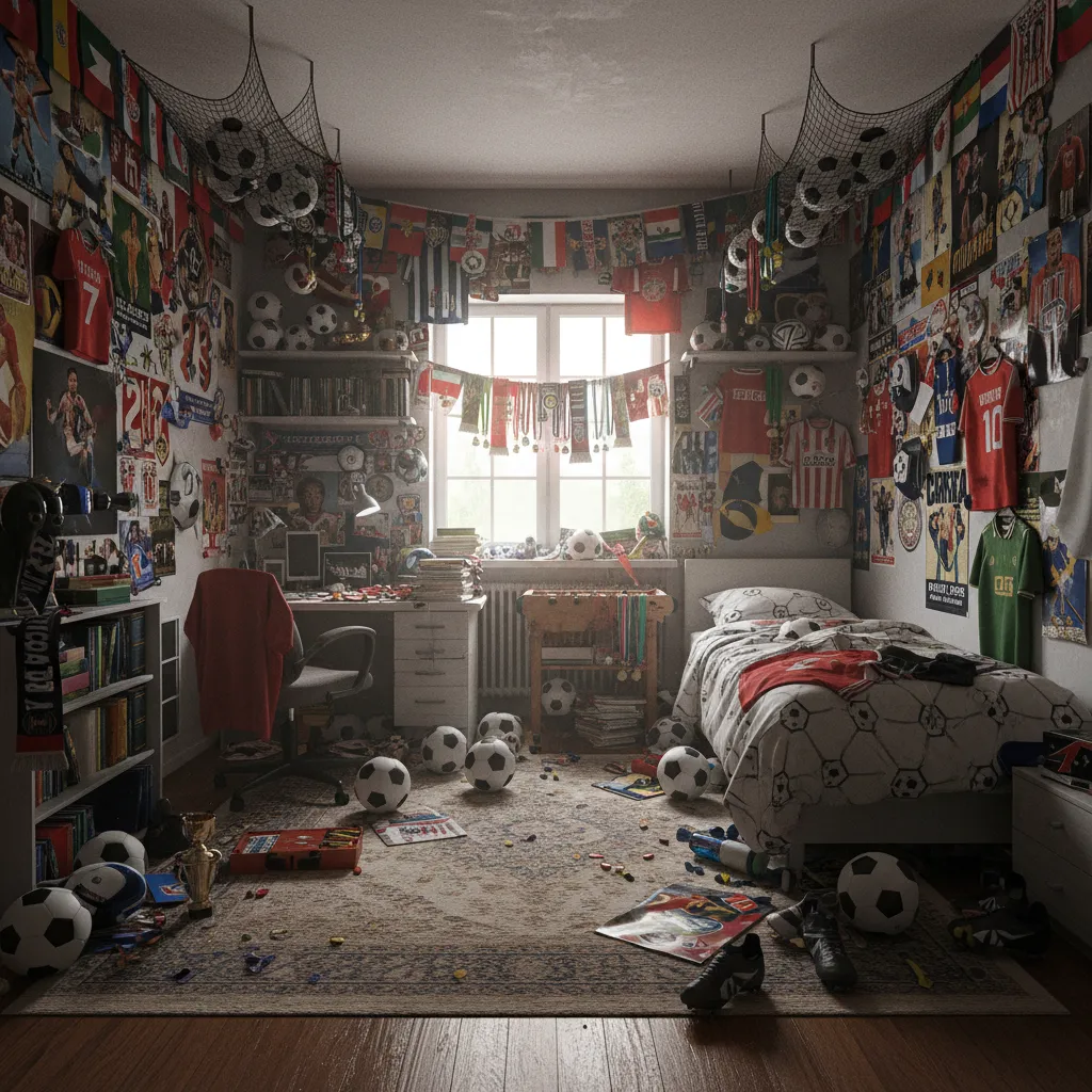 cluttered soccer themed bedroom with too many posters and decorations