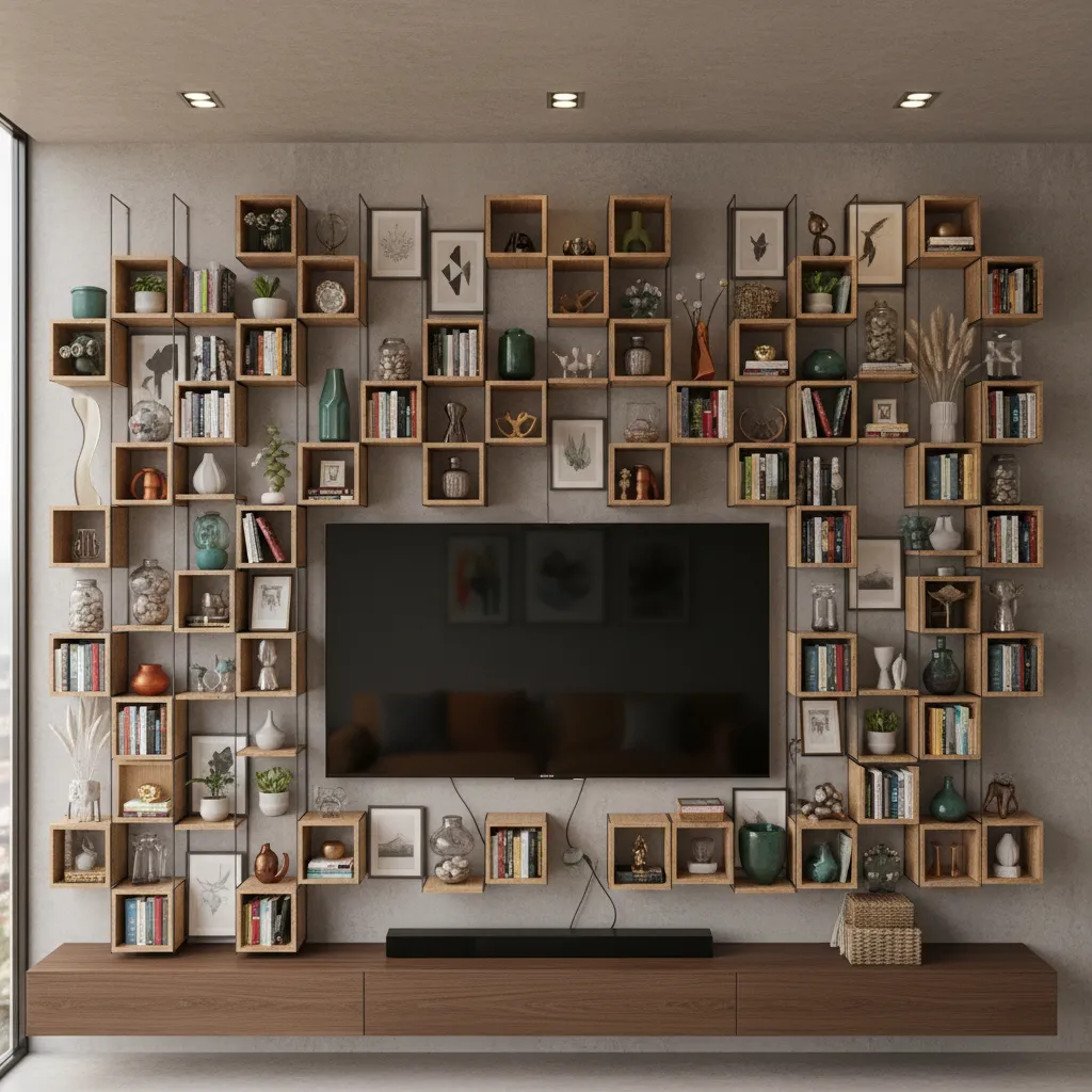 Living room TV wall with too many shelves and small decor items creating clutter