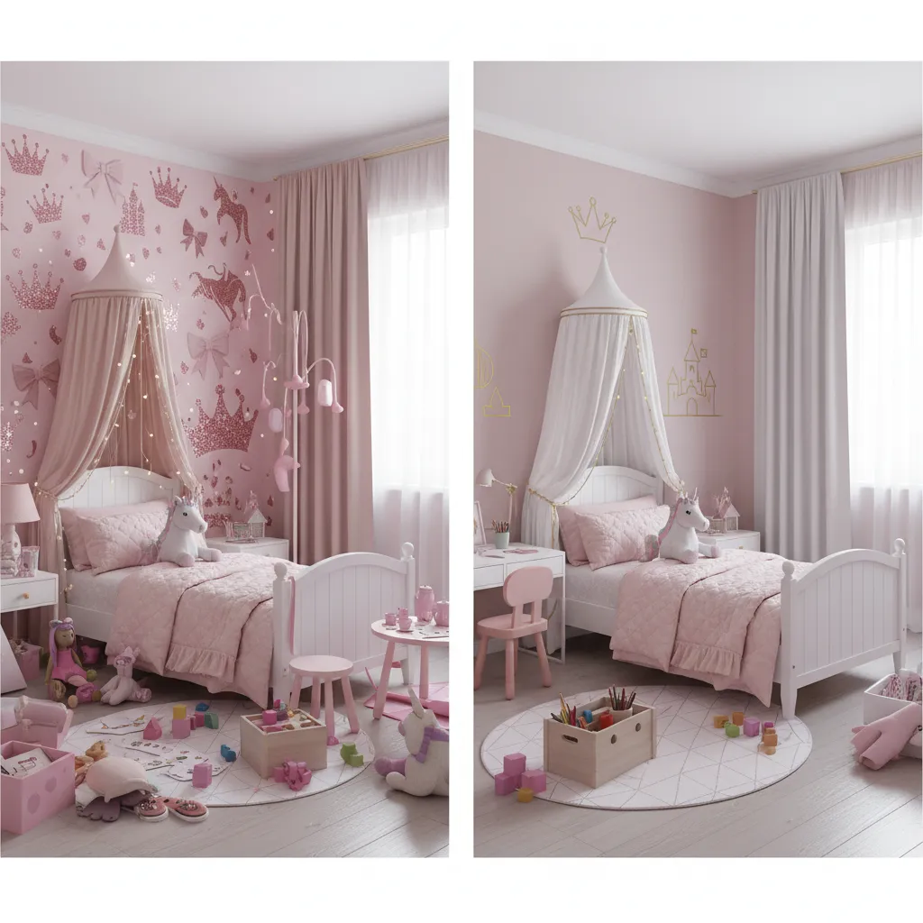 princess bedroom showing overcrowded decor and improved balanced layout comparison