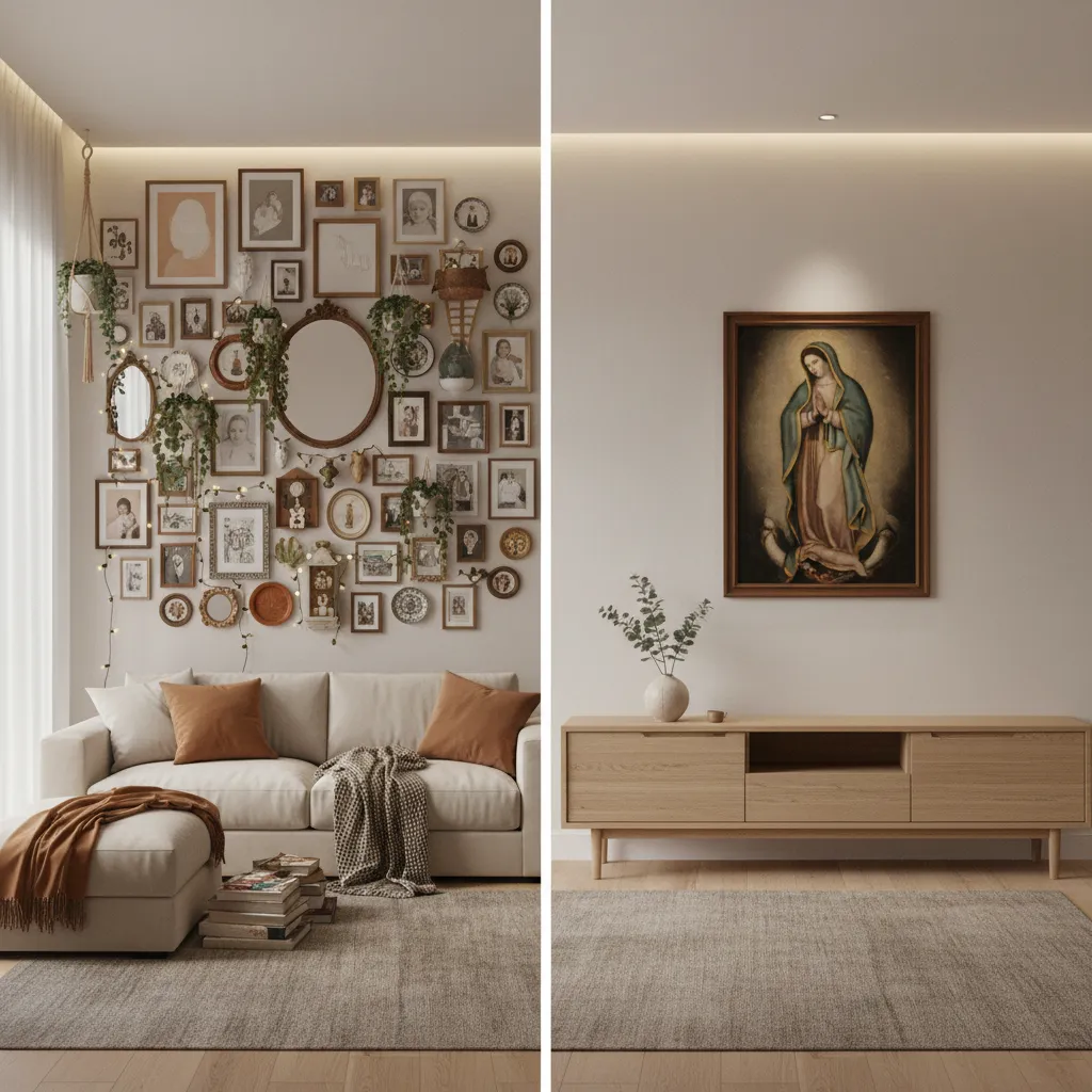 Comparison of cluttered wall decor versus calm Marian art display