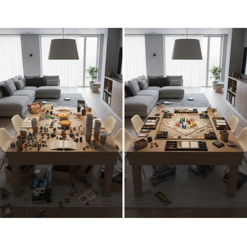 Comparison of cluttered board game table and clean organized gameplay setup