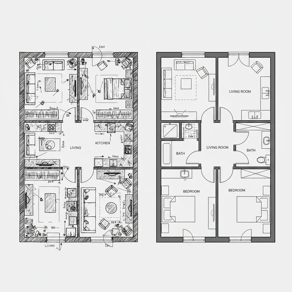 Comparison between cluttered and clean black and white 2D floor plan layout