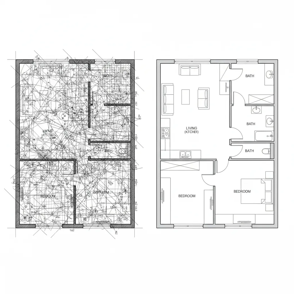 Side by side comparison of a messy drawing versus a clear organized apartment floor plan