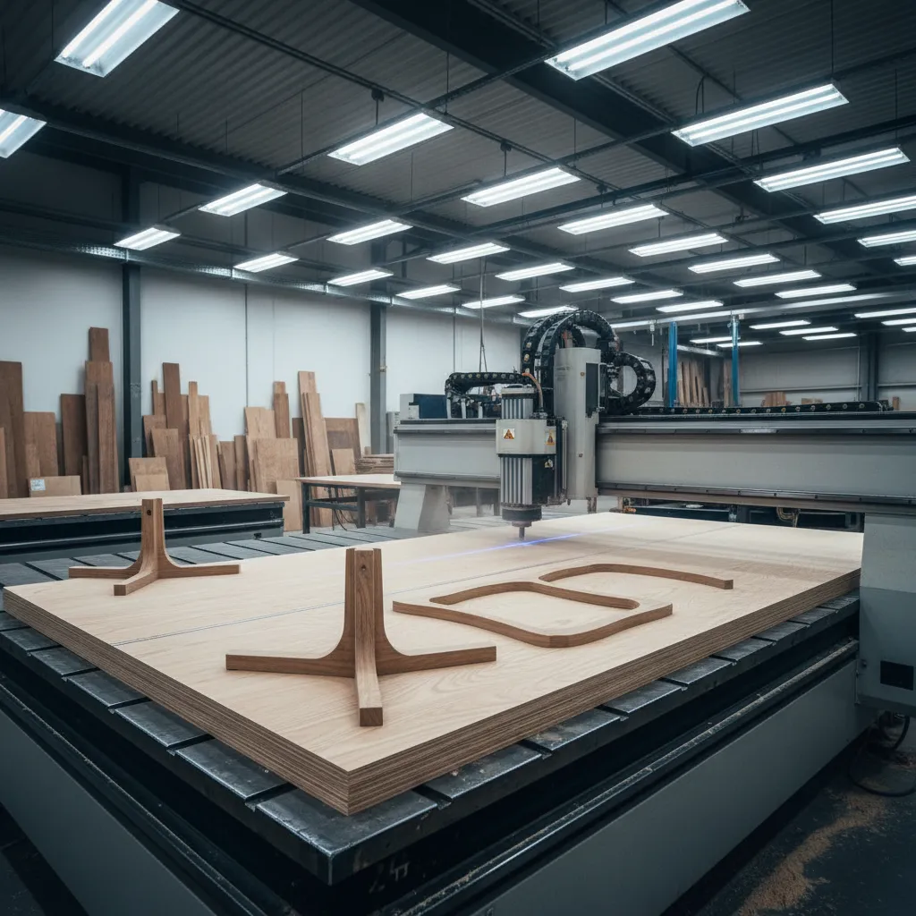 Máquina CNC cortando paneles de madera para muebles