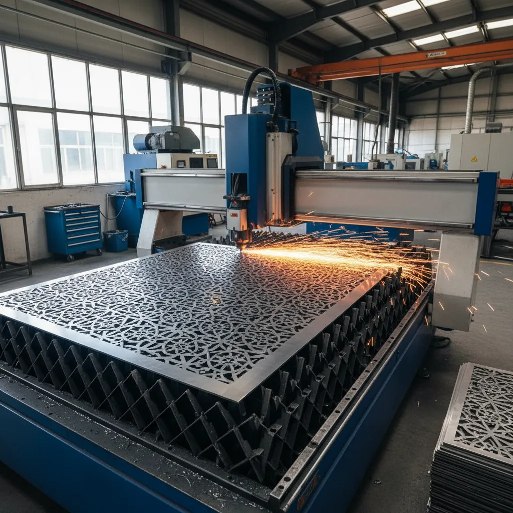 cnc machine cutting intricate jali screen panel from metal sheet