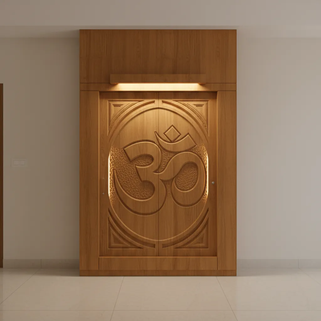 CNC carved wooden pooja room door with Om symbol pattern