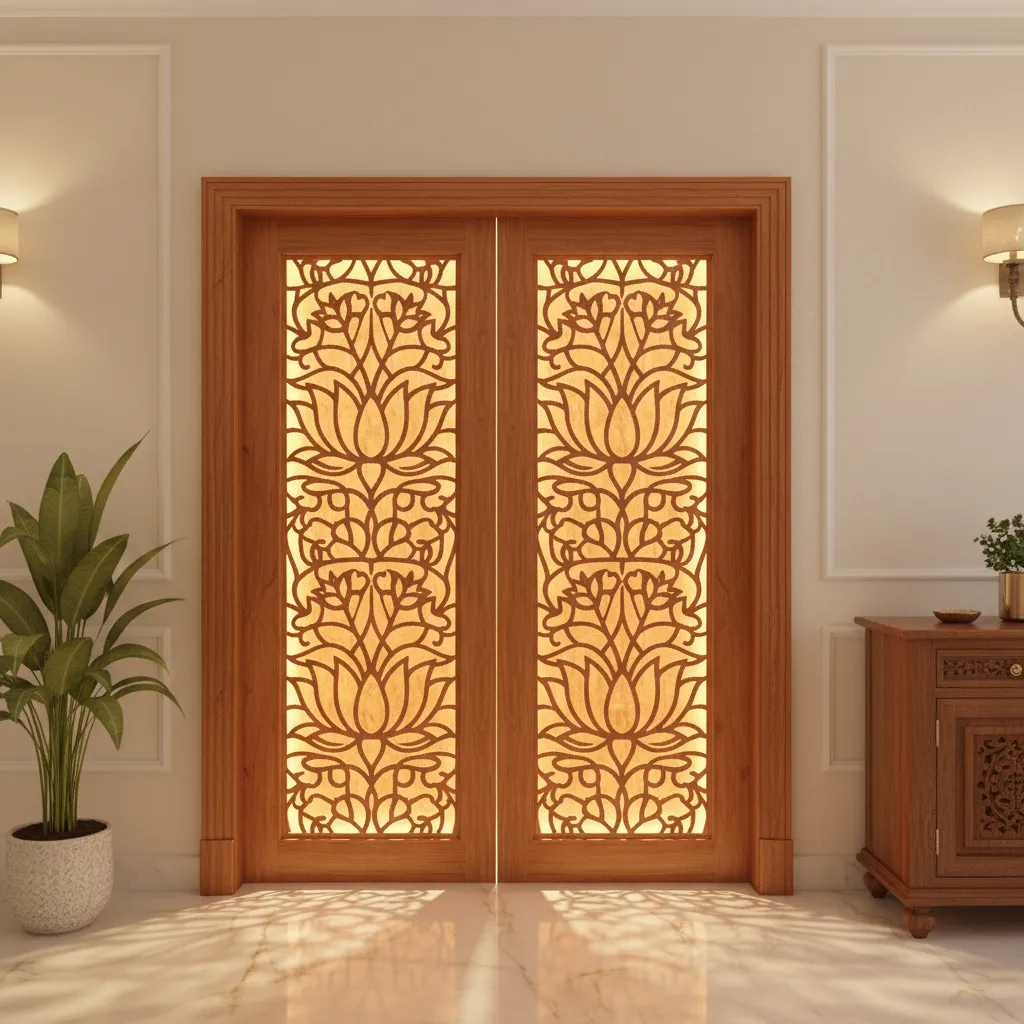 CNC cut wooden pooja door featuring lotus pattern carving in a home temple