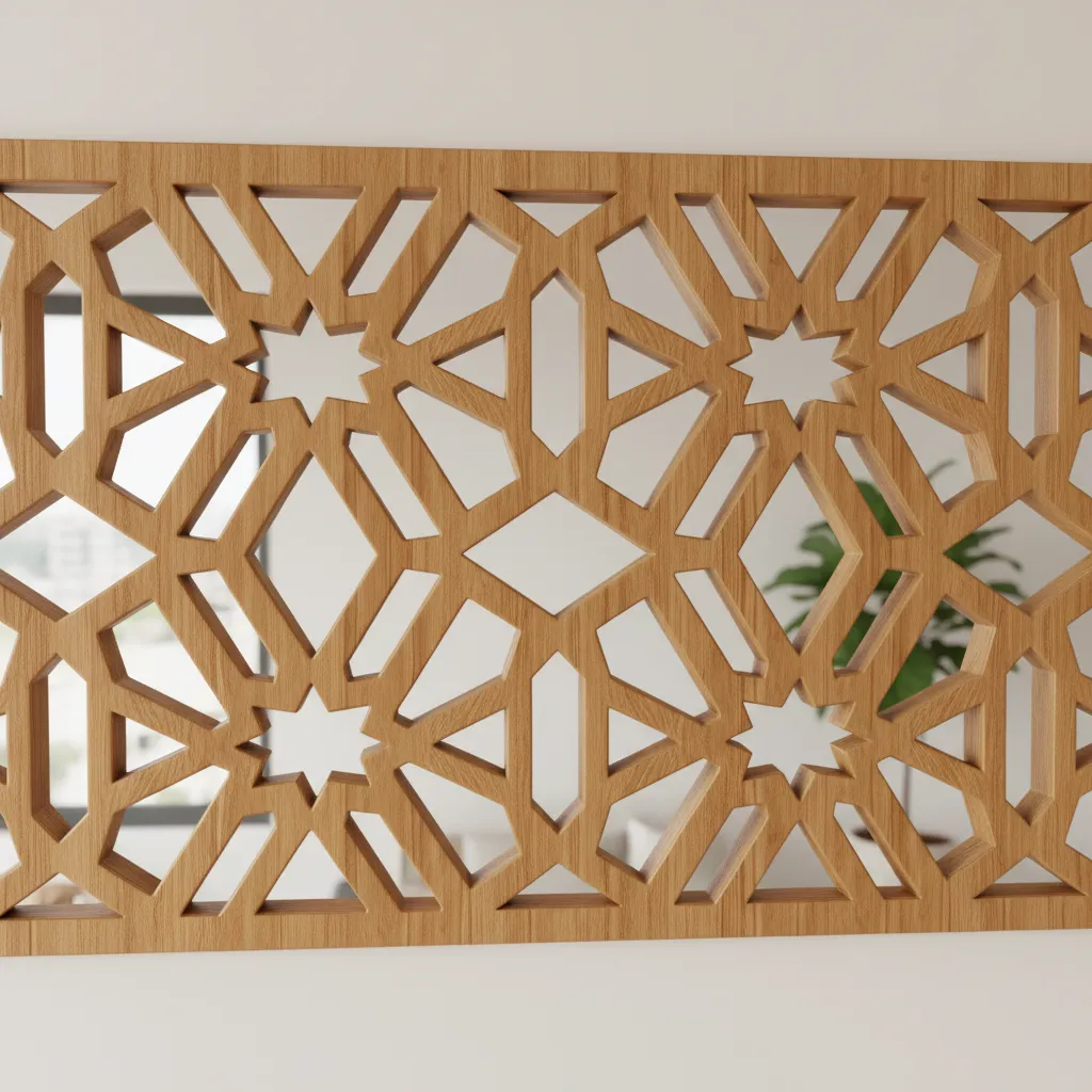 detailed CNC cut jali panel pattern used in pooja room divider