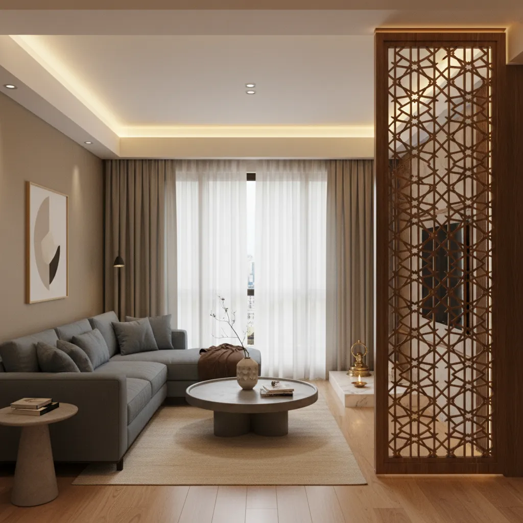 decorative CNC partition separating living room and pooja area